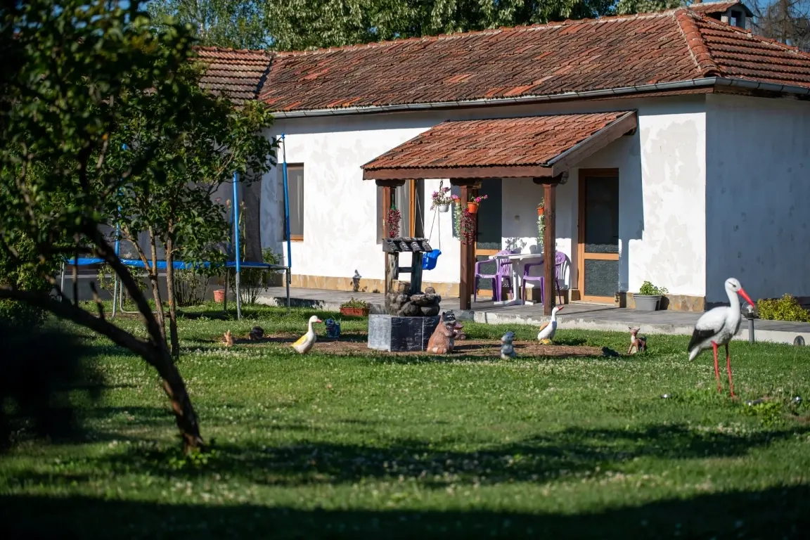 Покритата тераса пред къщата, с фигурките на щъркел и гъски по тревата